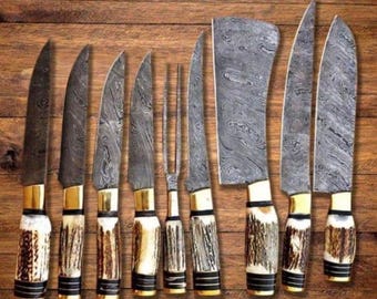 Hertenhoornmessenset, handgemaakt damaststaal, hertenhandvatset, koksmessenset, gepersonaliseerd cadeau, bruidsjonkers cadeau, cadeau voor hem, cadeau voor haar