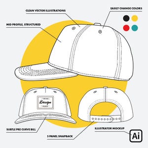 Benutzerdefinierte Hutvorlage - 5-Panel-Snapback - Technisches Datenblatt, digitaler Download, Vektormockup, Adobe Illustrator