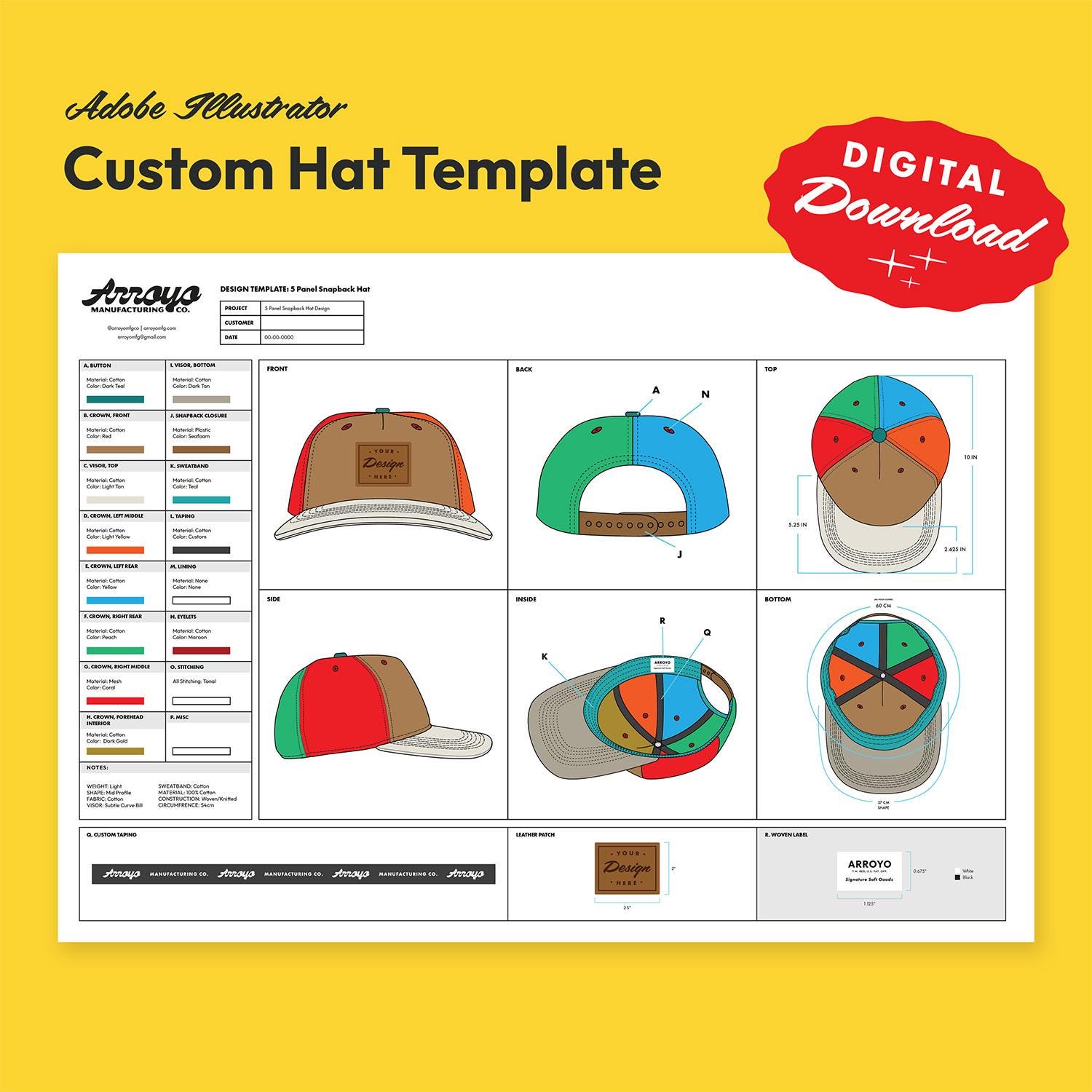 Custom Hat Template - 5 Panel Snapback - Tech Sheet, Digital Download ...