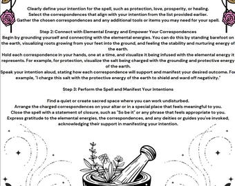 May include: A black and white illustration of a hand with stars around it and a mortar and pestle with herbs inside. The text on the page reads "The Simple Spell Outline" and includes steps for clarifying your intention, connecting with elemental energy, and performing the spell.