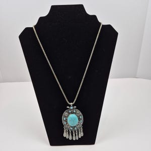 Faux Turquoise Pendant Necklace Boho Silver Tone Statement Southwest Jewelry