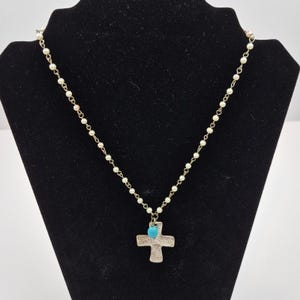 Faux Pearl Turquoise Beaded Cross Necklace Religious Pendant 16–19&quot; Adjustable