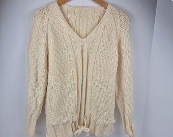 Handmade Knit Sweater M Ivory Cable V Neck Drawstring Hem VTG Y2K Cottagecore