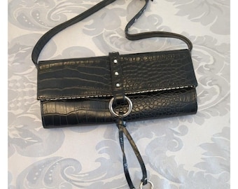 Black Croc Embossed Faux Leather Clutch Purse Short Shoulder Bag Y2K Style