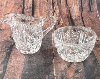 VTG Cut Glass Crystal Creamer & Sugar Bowl Set MCM Starburst Elegant Design