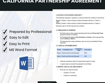 Partnerschaftsvertrag mit Kalifornien | Rechtlicher Geschäftsvertrag für Kollektiv- und Kommanditgesellschafen, bearbeitbarer Geschäftsvertrag