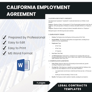 California Employment Agreement, Job Contract Template, Employee Hiring Form, Digital Download, Instant Download