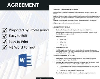 Kalifornien Arbeitsvertrag, Job Vertragsvorlage, Mitarbeiter Einstellungsformular, digitaler Download, Sofort-Download