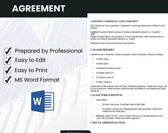 Kalifornien kommerzieller Mietvertrag, bearbeitbarer Wohnungsvertrag, leere Vorlage für Wohnraumverpacht, Mietrechtsformen, druckbare Form,
