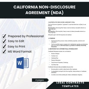 California Non-Disclosure Agreement (NDA) Template, Confidentiality Contract, Editable MS Word Legal Form, Business NDA Digital Download