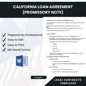 Leningovereenkomst Californië, promesse voor bedrijven, bewerkbare leningsjabloon, afdrukbaar formulier, Instant download