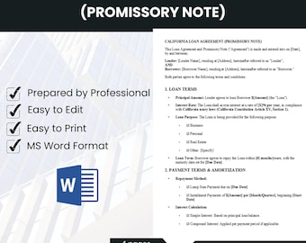 Kalifornien Kreditvertrag, Schuldschein für Unternehmen, bearbeitbare Kreditvorlage, druckbares Formular, sofortiger Download