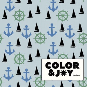 Nautische blau und grün Anker Segelboot Schiffs Steuerrad nahtlose Muster Download digitale Papiere Vinyl Stoff Oberflächendesign Muster