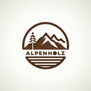 May include: A brown circle logo with a stylized mountain range and a pine tree. The text "ALPENHOLZ" is below the mountain range.