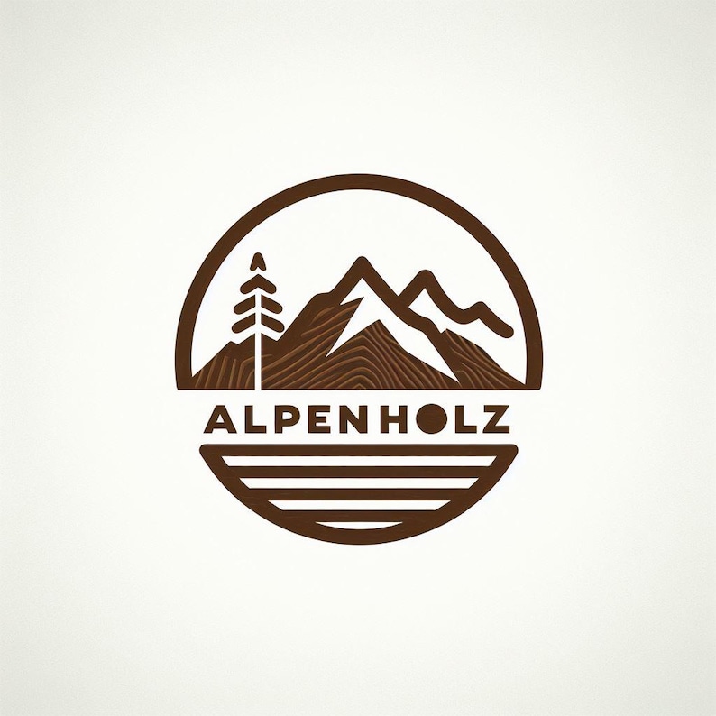 May include: A brown circle logo with a stylized mountain range and a pine tree. The text "ALPENHOLZ" is below the mountain range.