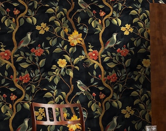 Vintage Chinoiserie Wallpaper: Dark Floral Bird Wall Mural