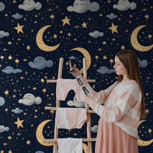 Carta da parati celeste per bambini, murale con luna e stelle, carta da parati con cielo notturno, carta da parati staccabile e adesiva per la cameretta dei bambini, carta da parati rimovibile con spazio