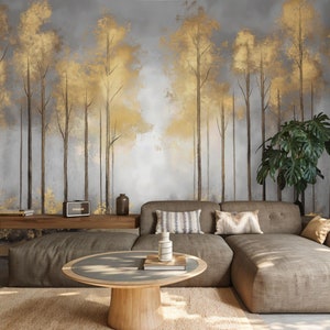 Gold Forest Wallpaper Mural: Misty Tree Landscape, Peel and Stick
