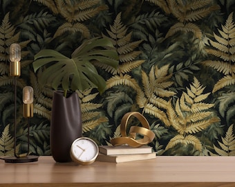 Vintage Gold Fern Wallpaper: Dark Botanical Peel and Stick