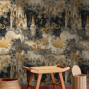 Gold Mittelalterliche Burg Tapete, Himmlische Tapete, Beige Mystisches Wandbild, Mystische Mondwald Tapete