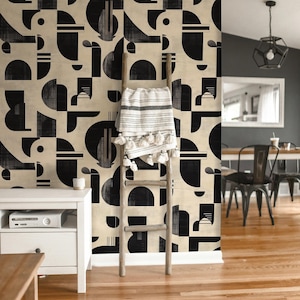 Carta da parati geometrica moderna, design astratto in nero e beige, murale minimalista di metà secolo, stacca e attacca o tradizionale