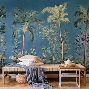 Tropische Chinoiserie Tapete Wandbild: Blaue Jungle Palme Wandkunst