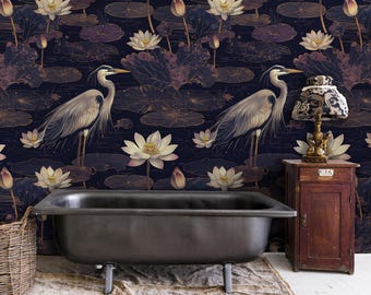 Papel pintado de garza y flor de loto: mural de nenúfares con detalles dorados