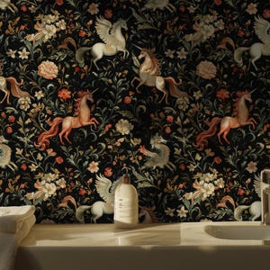 Mythical Medieval Wallpaper, Dark Botanical Wallpaper Peel and Stick, Enchanted Forest Wallpaper, Dark Woods Wallpaper, Magical Wallpaper