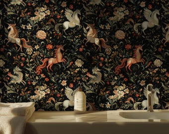 Unicorn Garden Wallpaper: Dark Botanical Peel and Stick