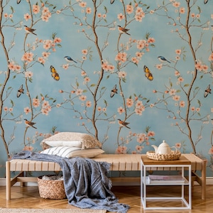 Cherry Blossom Wallpaper: Vintage Chinoiserie Bird Wall Mural