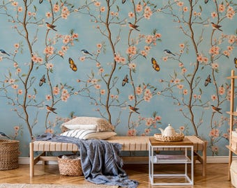 Cherry Blossom Wallpaper: Vintage Chinoiserie Bird Wall Mural