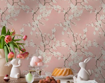 Tapeta z różowym kwiatem wiśni: japońska sakura do odklejenia i przyklejenia