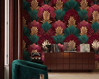 Art Deco Wall Mural, Luxury Vintage Fan Pattern, Teal Burgundy Gold Wallpaper