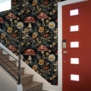 Carta da parati a forma di fungo Cottagecore scuro, murale botanico con foresta con margherite e funghi, carta da parati staccabile e adesiva, murale con foresta magica