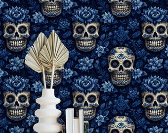 Blue Sugar Skull Floral Wallpaper - Gothic Halloween Decor