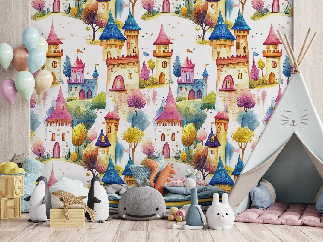 Watercolor Castle Wallpaper: Fairytale Kids Room Decor - Etsy