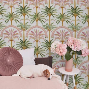 Carta da parati con palme, carta da parati tropicale, rosa e verde - stacca e attacca, carta da parati con palme acquerellate, carta da parati autoadesiva