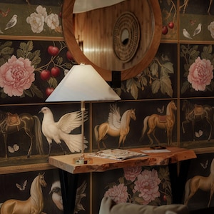 Vintage Floral Wallpaper: Elegant Horses, Birds & Roses Design