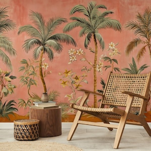 Carta da parati murale con palme tropicali, carta da parati giungla rosa pesca, carta da parati con palme e fiori esotici, carta da parati murale rimovibile con palme esotiche