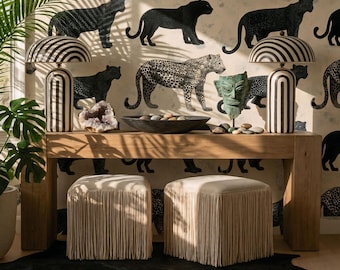 Luipaardbehang, Black Panther-behang, safarimuurschildering, luxe dierenprint fotobehang, neutraal maximalist
