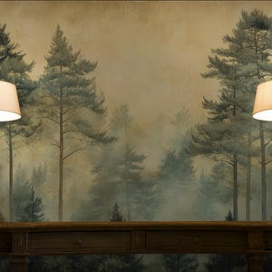Misty Forest Wall Mural, Tranquil Pine Tree Wallpaper, Nordic Nature Landscape Peel and Stick Wallpaper for Bedroom and Living Room