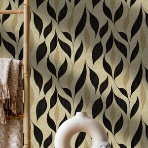 Carta da parati Boho, carta da parati moderna con foglie vintage, elegante design ispirato alla natura in nero e beige, carta da parati Boho, carta da parati staccabile e adesiva