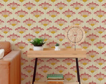 Papel pintado floral retro, decoración de pared vintage beige y rosa autoadhesiva