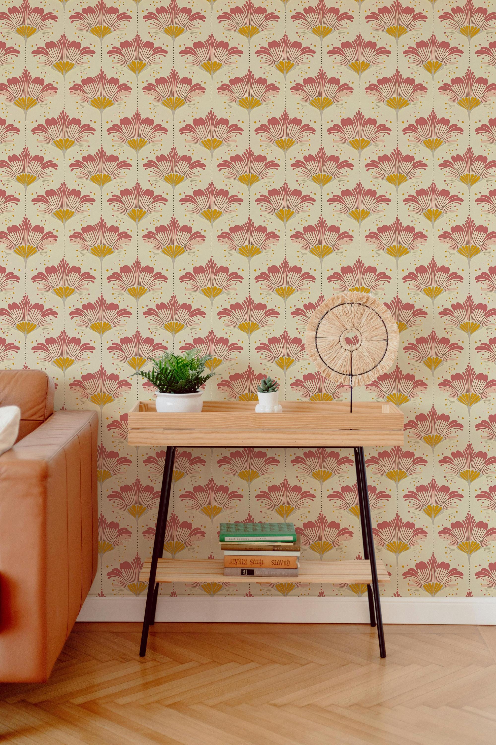 Retro Floral Wallpaper, Vintage Beige & Pink Peel and Stick Wall Decor ...