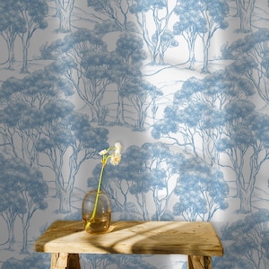 Tapete Blauer Baum, Elegantes Naturwandbild, Traditioneller Französischer Stil, Vintage Waldwanddekoration, Ablösbare Tapete zum Abziehen und Aufkleben