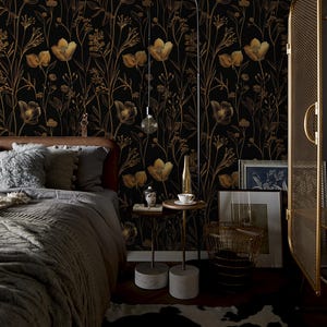 Gold Foil Floral Wallpaper, Elegant Botanical Design on Black, Luxury Gold Floral Wallpaper, Gold and Black Floral Wallpaper