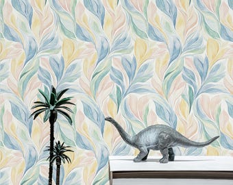 Papel pintado autoadhesivo de hojas en tonos pastel: mural botánico en acuarela.