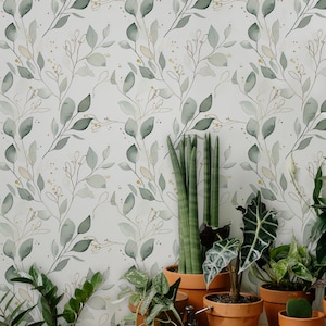 Green Eucalyptus Wallpaper, Watercolor Leaf Mural,Leaves and Branches Wallpaper, Green and Gold Leaf Mural, Sage Green Wallpaper