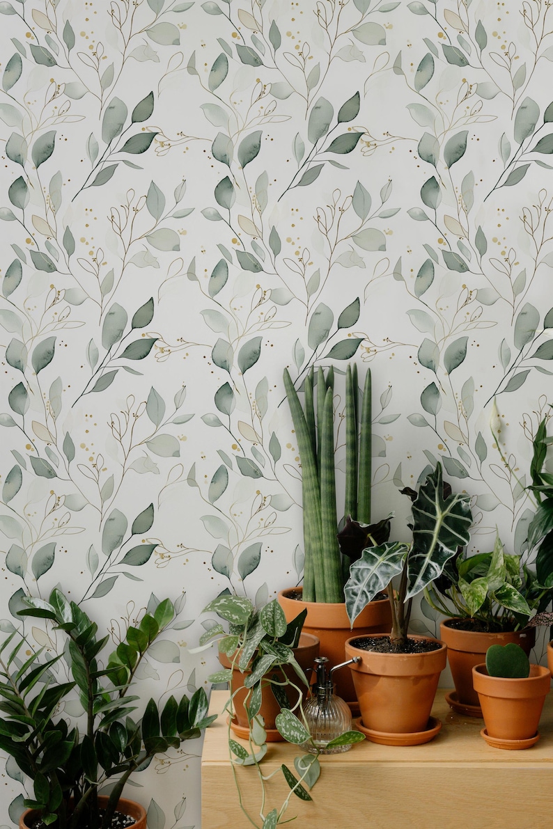 Watercolor Eucalyptus Wallpaper: Sage Green & Gold Leaf Mural - Etsy