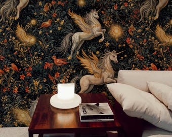 Magical Unicorn Wallpaper: Dark Floral Wall Mural